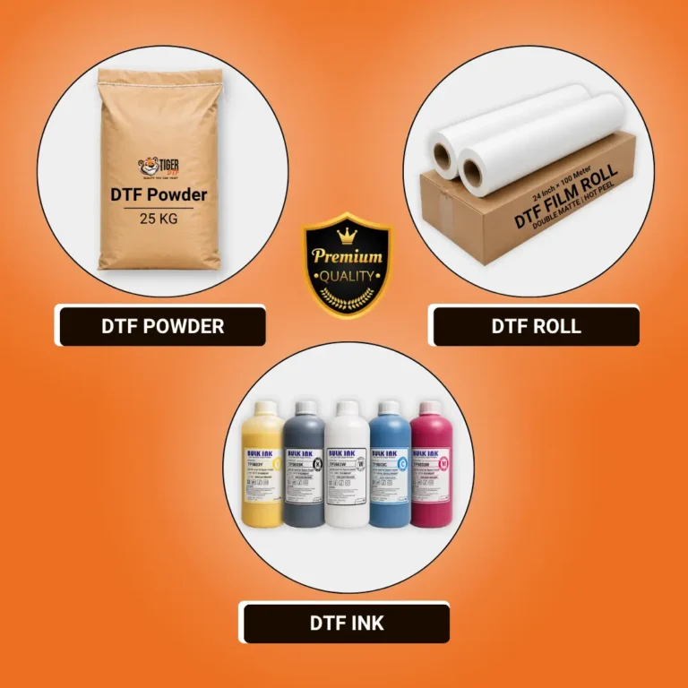 Tiger DTF products: DTF film roll, DTF ink bottles and DTF powder bag