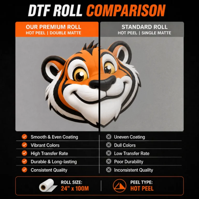 DTF transfer film comparison: Tiger DTF film roll vs a standard roll