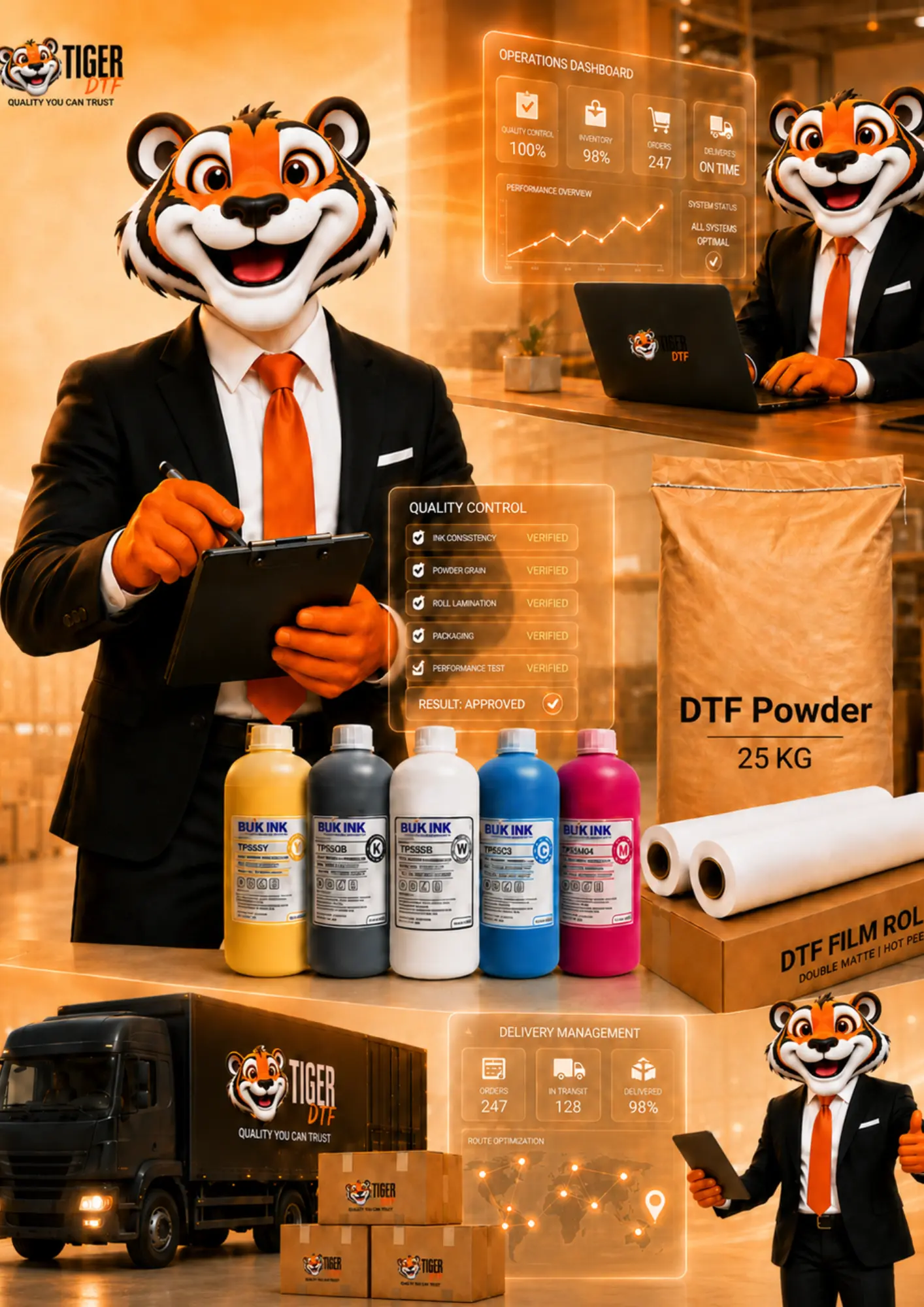Tiger DTF warehouse and print supply operations — 25 years in business