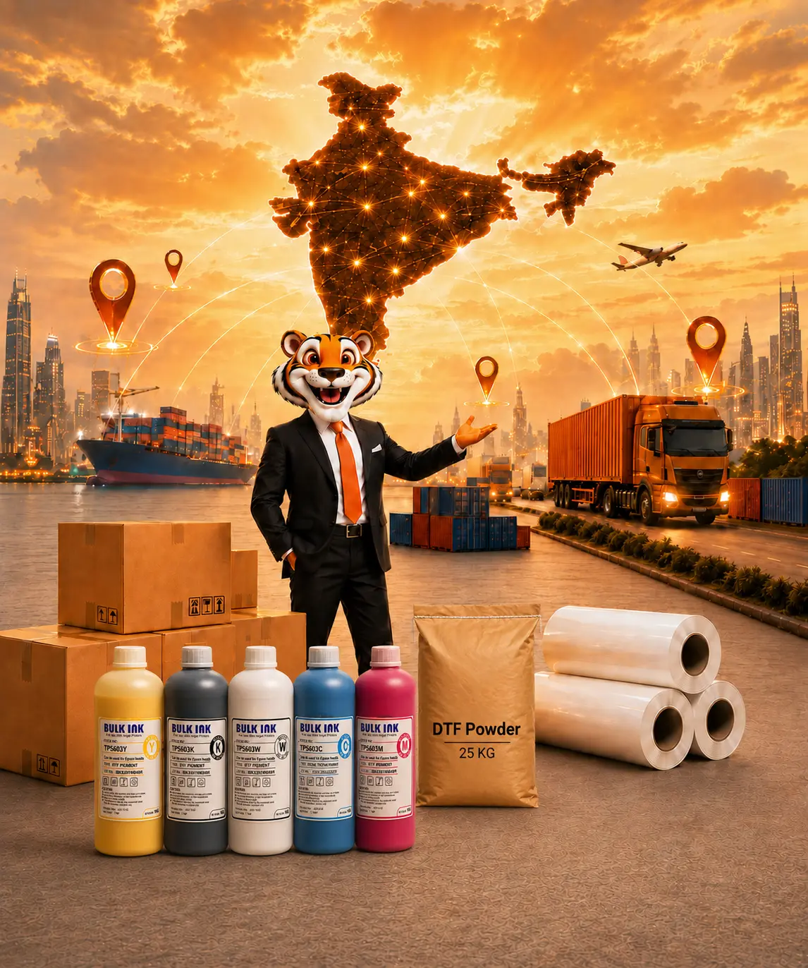 Tiger DTF Mascot with DTF Ink, Roll and Powder Products
