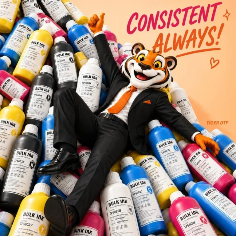 Tiger DTF DTF ink bottles CMYK and white with the Tiger DTF mascot
